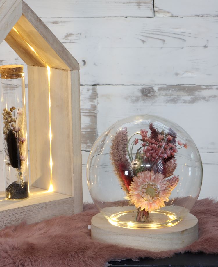 Cloche LED en verre ronde Ø13cm avec base en bois (1 pièce) [IFS-29488]