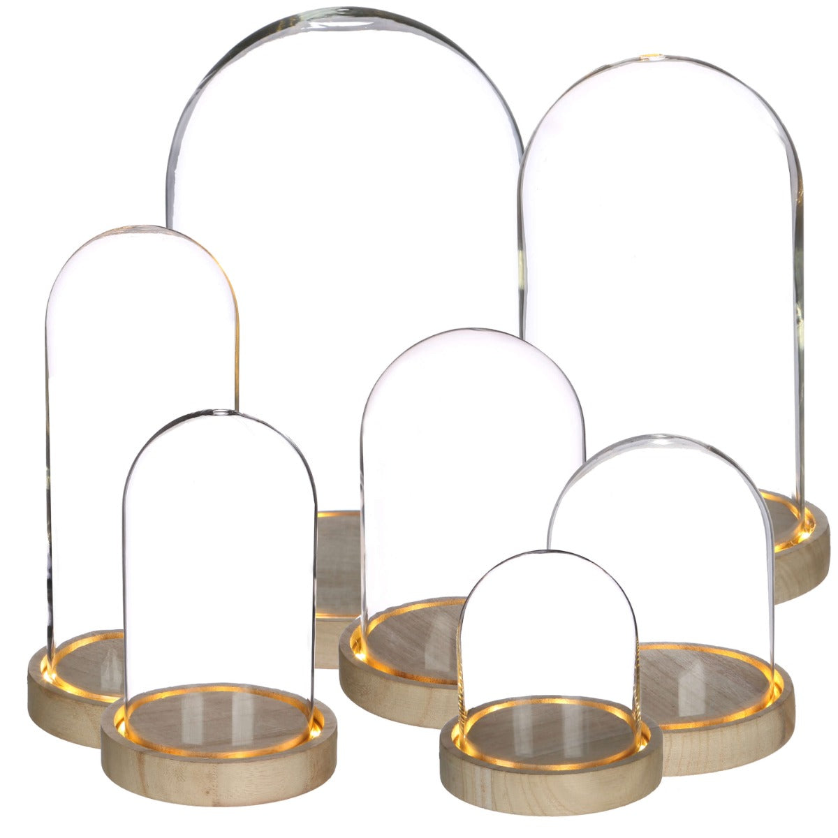 Cloche à LED en verre Ø10cm avec base en bois (1 pièce) [IFS-29491]