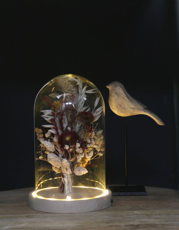 Cloche LED en verre avec base en bois Ø14cm (1 pièce) [IFS-29494]