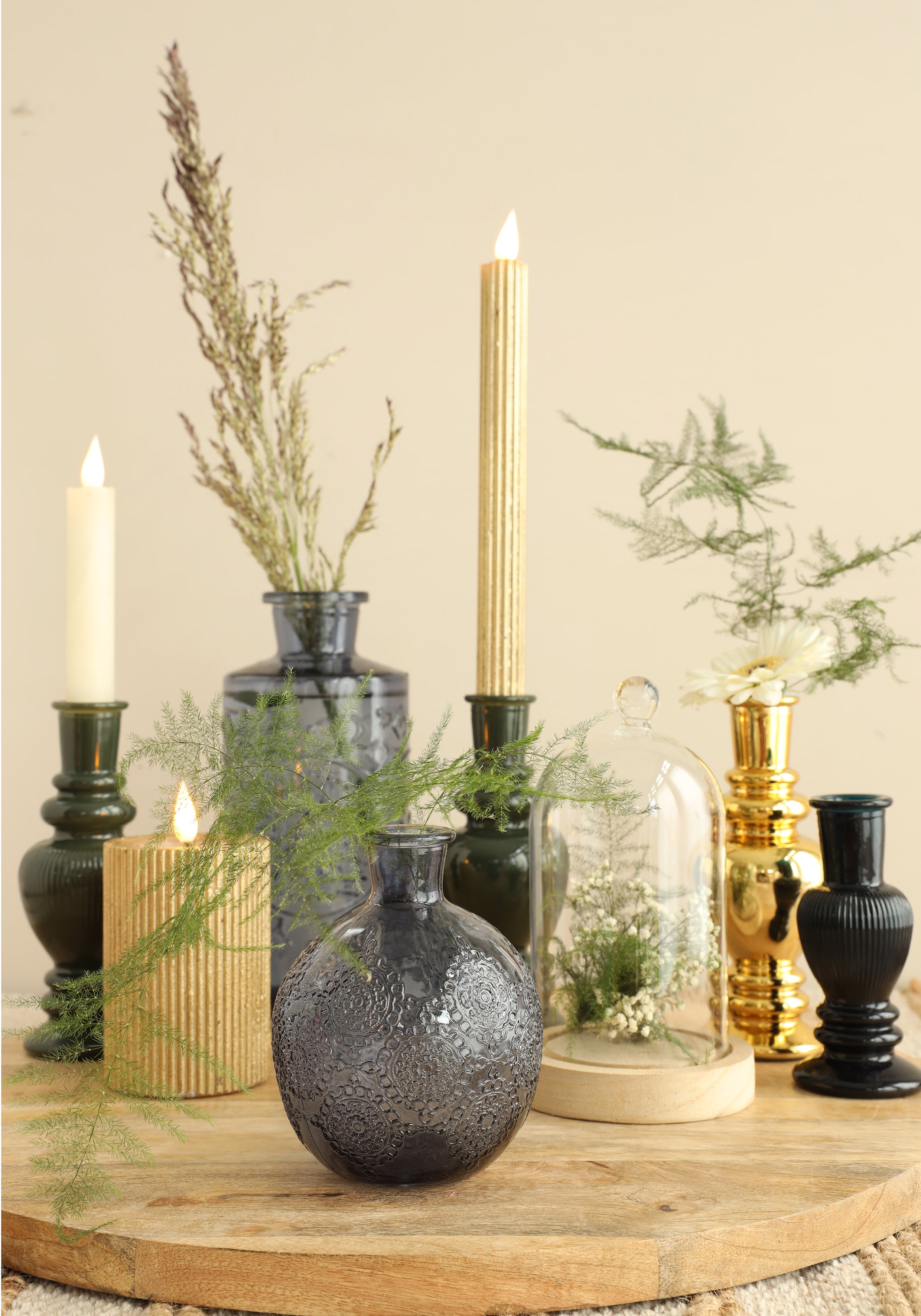 Cloche en verre avec bouton en verre avec base en bois Ø14 h.23,5 cm (1 pc) [IFS-29314]