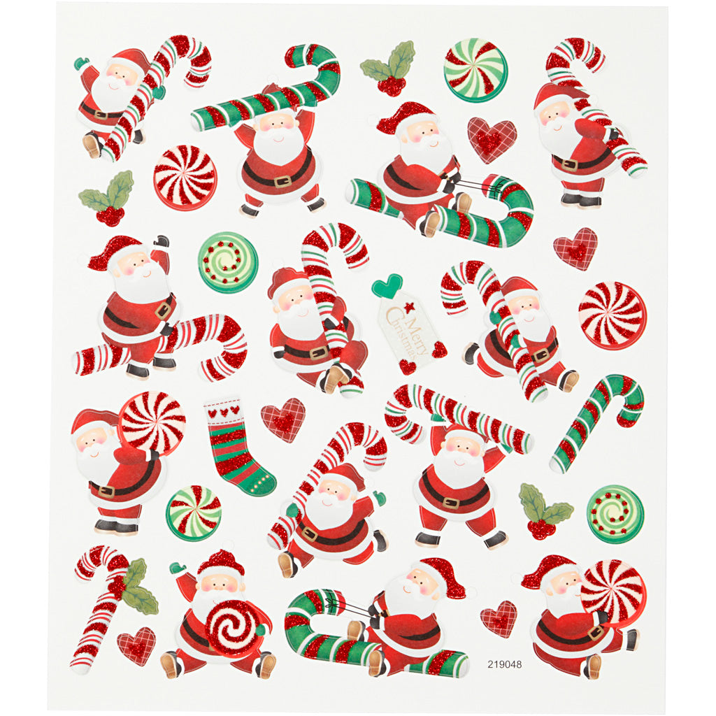 Stickers, Father Christmas and candy cane, sheet 15x16,5 cm, ca. 31 pc, 1 sheet