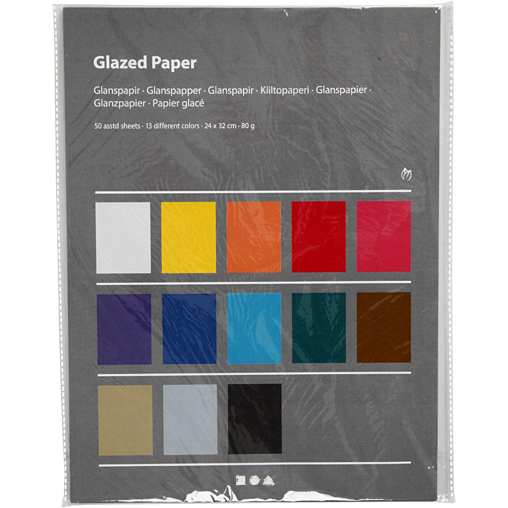 Papier Glacé, feuille 24x32 cm, 80 gr, ass. de couleurs, 50 flles/ 1 Pq. [HOB-20467]