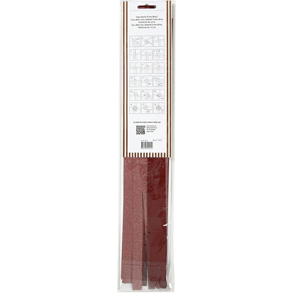 Bandes de papier étoiles, L : 44+78 cm, L : 15+25 mm, d 6,5+11,5 cm, paillettes,vernis, rouge, 40 bandes/ 1 Pq. [HOB-20775]
