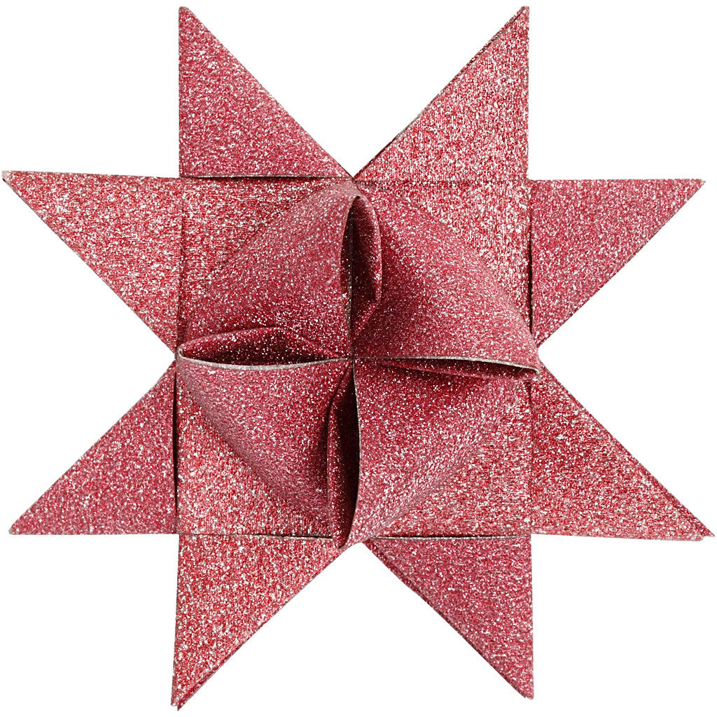 Bandes de papier étoiles, L : 44+78 cm, L : 15+25 mm, d 6,5+11,5 cm, paillettes,vernis, rouge, 40 bandes/ 1 Pq. [HOB-20775]
