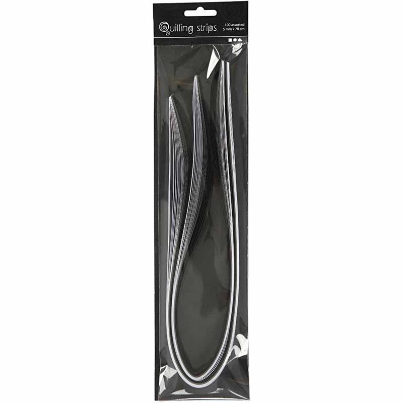 Bandes pour quilling, L : 78 cm, L : 5 mm, 120 gr, noir, gris, blanc, 100 pièces/ 1 Pq. [HOB-20797]