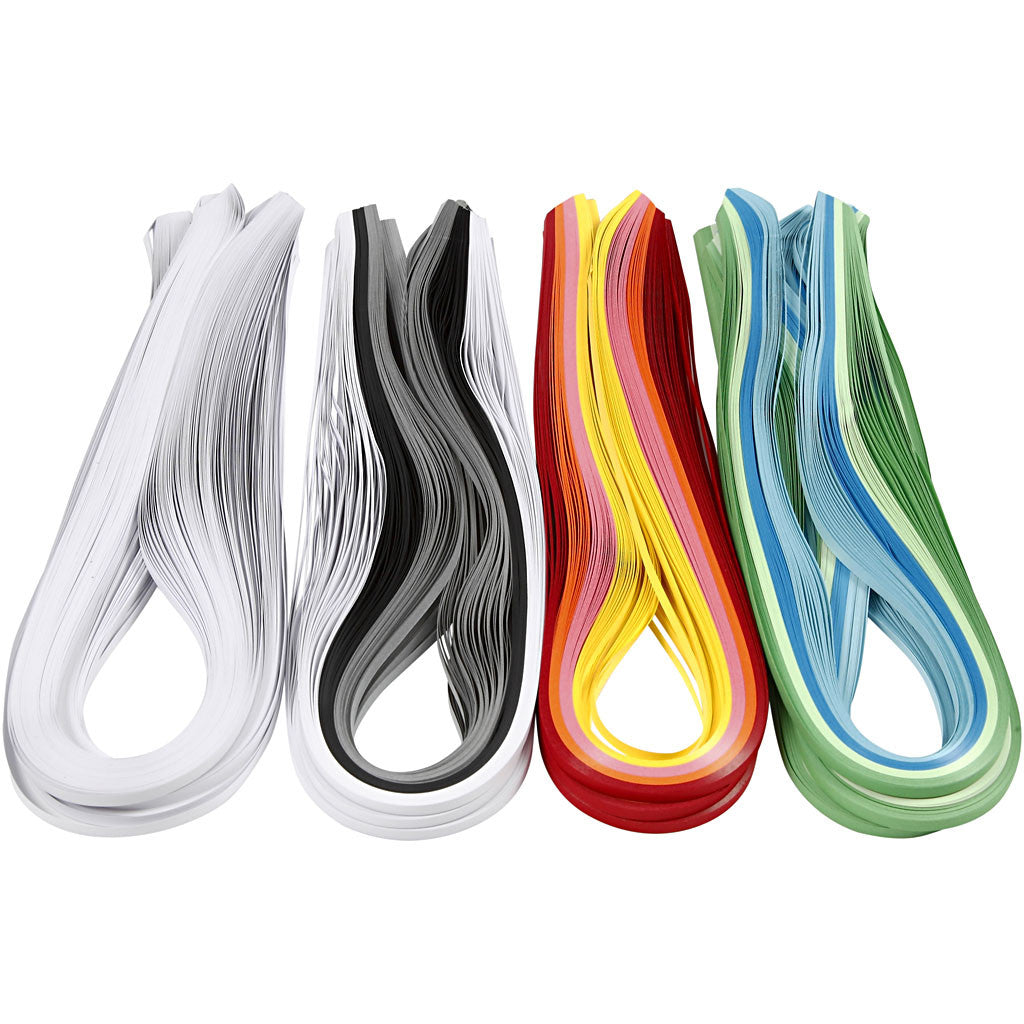 Bandes pour quilling, L : 78 cm, L : 5 mm, 120 gr, ass. de couleurs, 12x100 pièces/ 1 Pq. [HOB-20799]