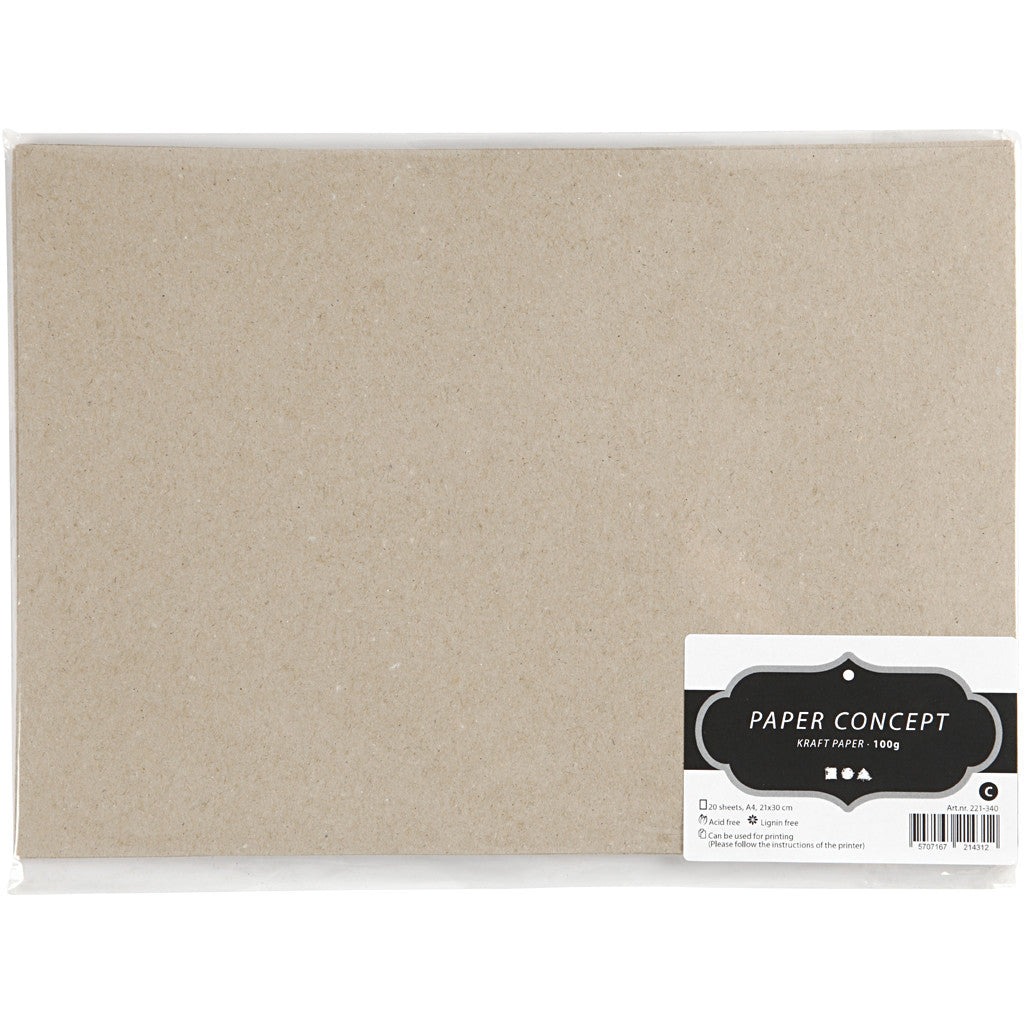 Papier Kraft, A4, feuille 210x297 mm, 135 gr, brun gris, 20 flles/ 1 Pq. [HOB-221340]