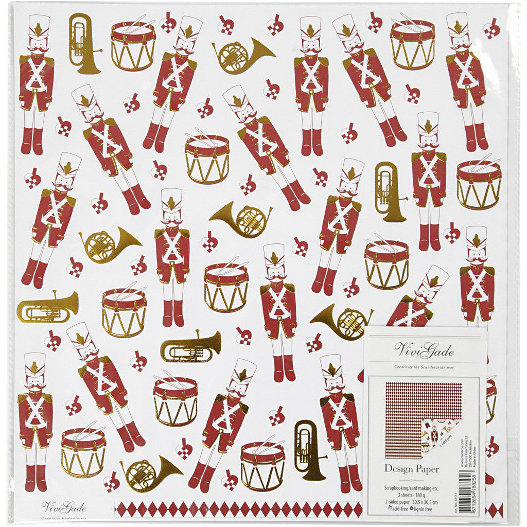 Papier Design, casse-noisette, 180 gr, or, rouge, blanc, 3 flles/ 1 Pq. [HOB-22511]