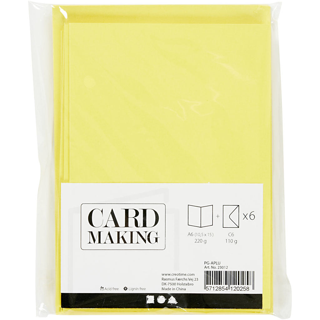 Cartes et enveloppes, dimension carte 10,5x15 cm, dimension enveloppes 11,5x16,5 cm, 110+220 gr, jaune, 6 set/ 1 Pq. [HOB-23012]