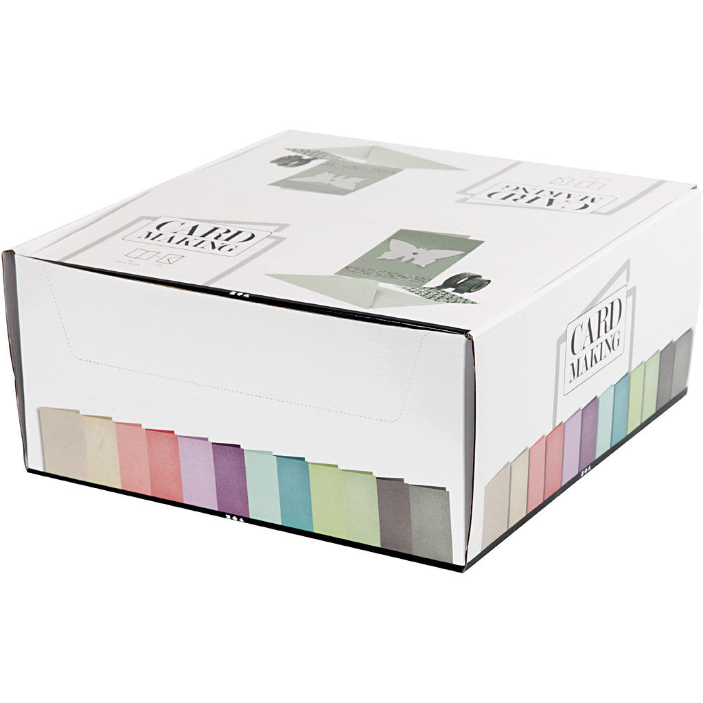 Cartes et enveloppes, dimension carte 10,5x15 cm, dimension enveloppes 11,5x16,5 cm, 120+210 gr, ass. de couleurs, 12x10 Pq./ 1 Pq. [HOB-23037]