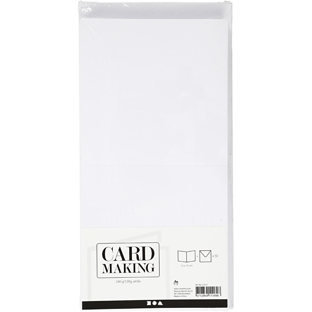 Cartes et enveloppes, dimension carte 15x15 cm, dimension enveloppes 16x16 cm, 120+240 gr, blanc, 50 set/ 1 Pq. [HOB-23115]