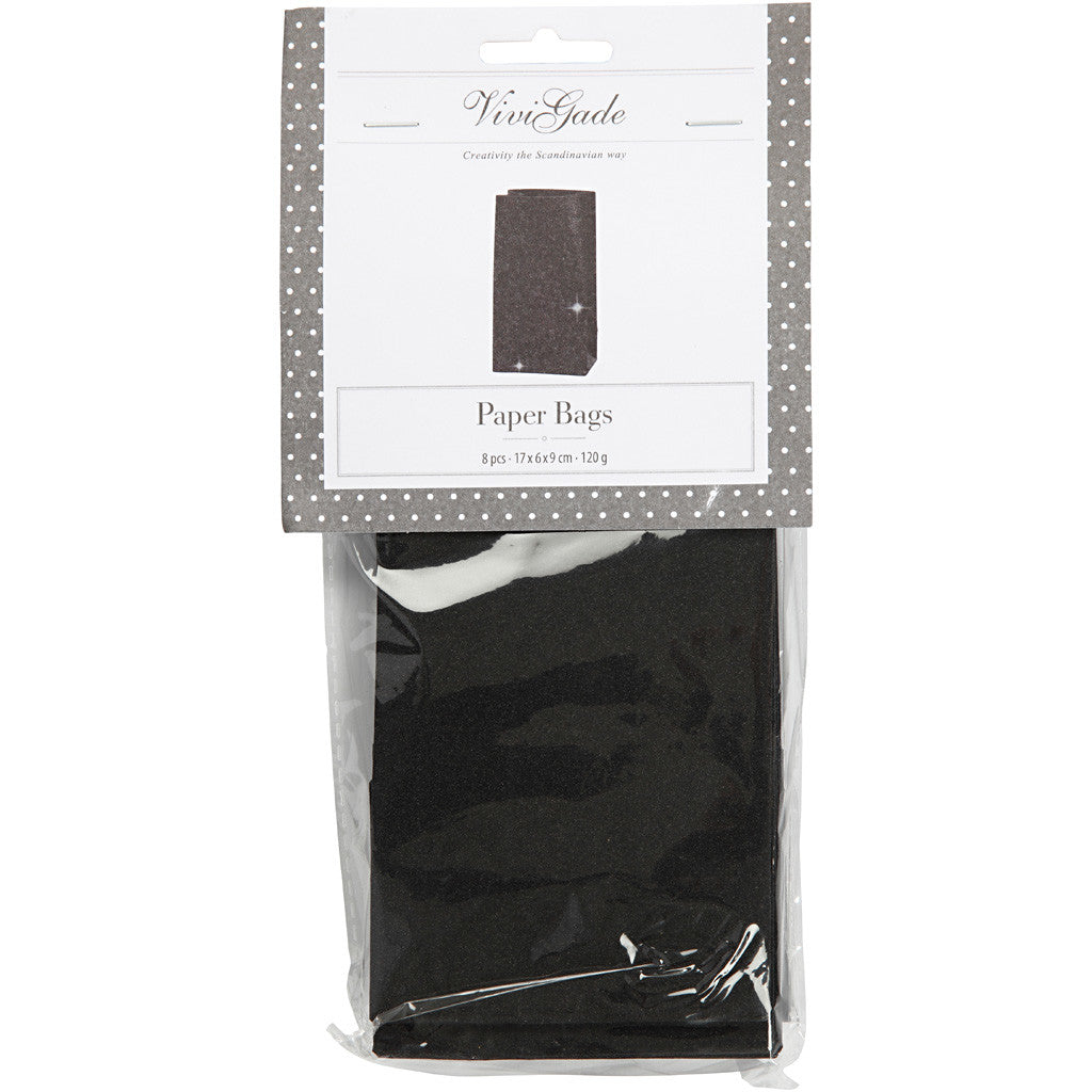Sac en Papier, H : 17 cm, dim. 6x9 cm, 170 gr, noir, 8 pièces/ 1 Pq. [HOB-23139]