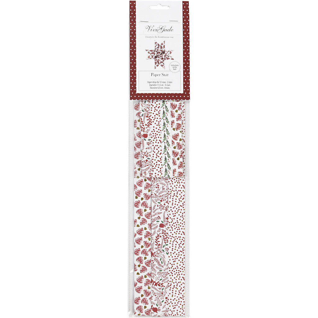Bandes de papier étoiles, L : 44+78 cm, d 6,5+11,5 cm, L : 15+25 mm, rouge, blanc, 48 bandes/ 1 Pq. [HOB-24352]