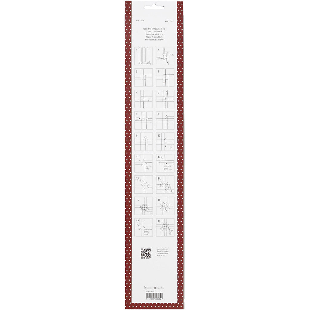 Bandes de papier étoiles, L : 44+78 cm, d 6,5+11,5 cm, L : 15+25 mm, rouge, blanc, 48 bandes/ 1 Pq. [HOB-24352]