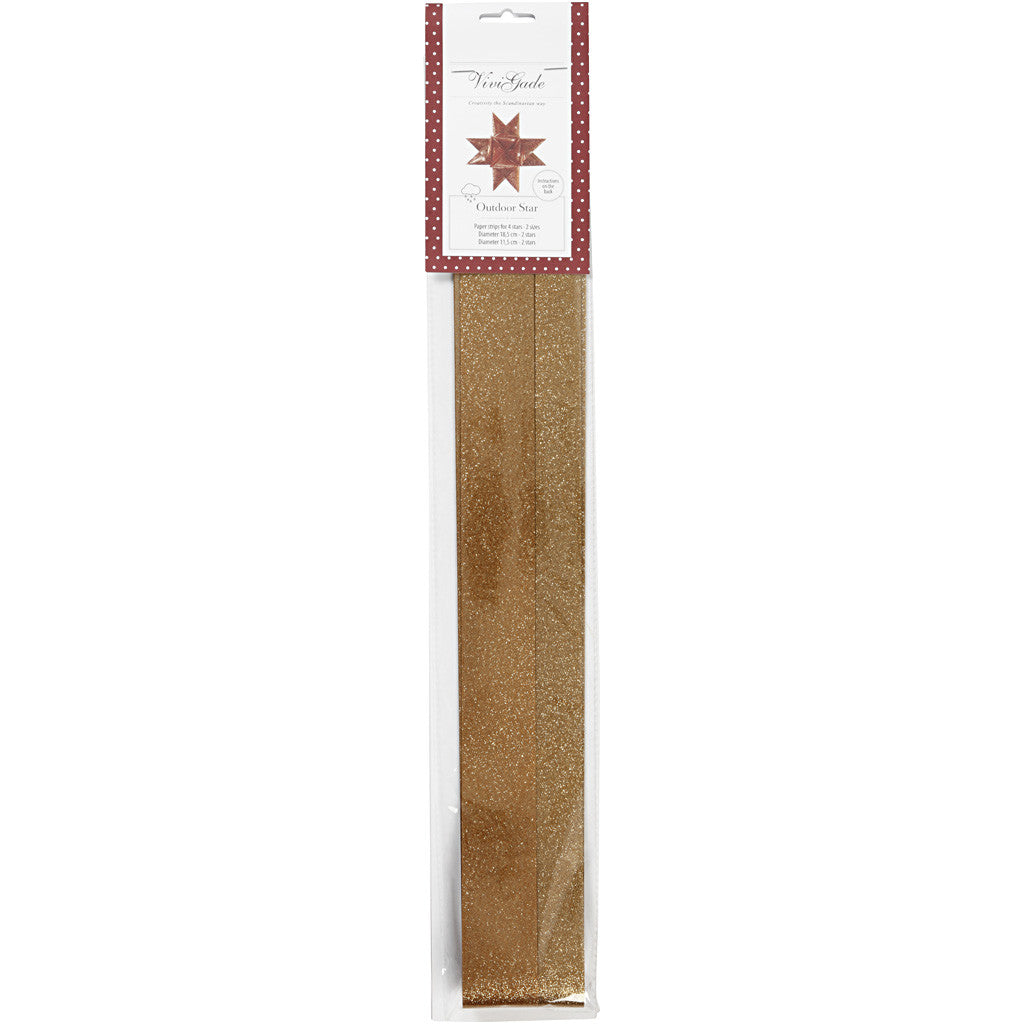 Bandes de papier étoiles, L : 86+100 cm, d 11,5+18,5 cm, L : 25+40 mm, glitter or, 16 bandes/ 1 Pq. [HOB-24356]