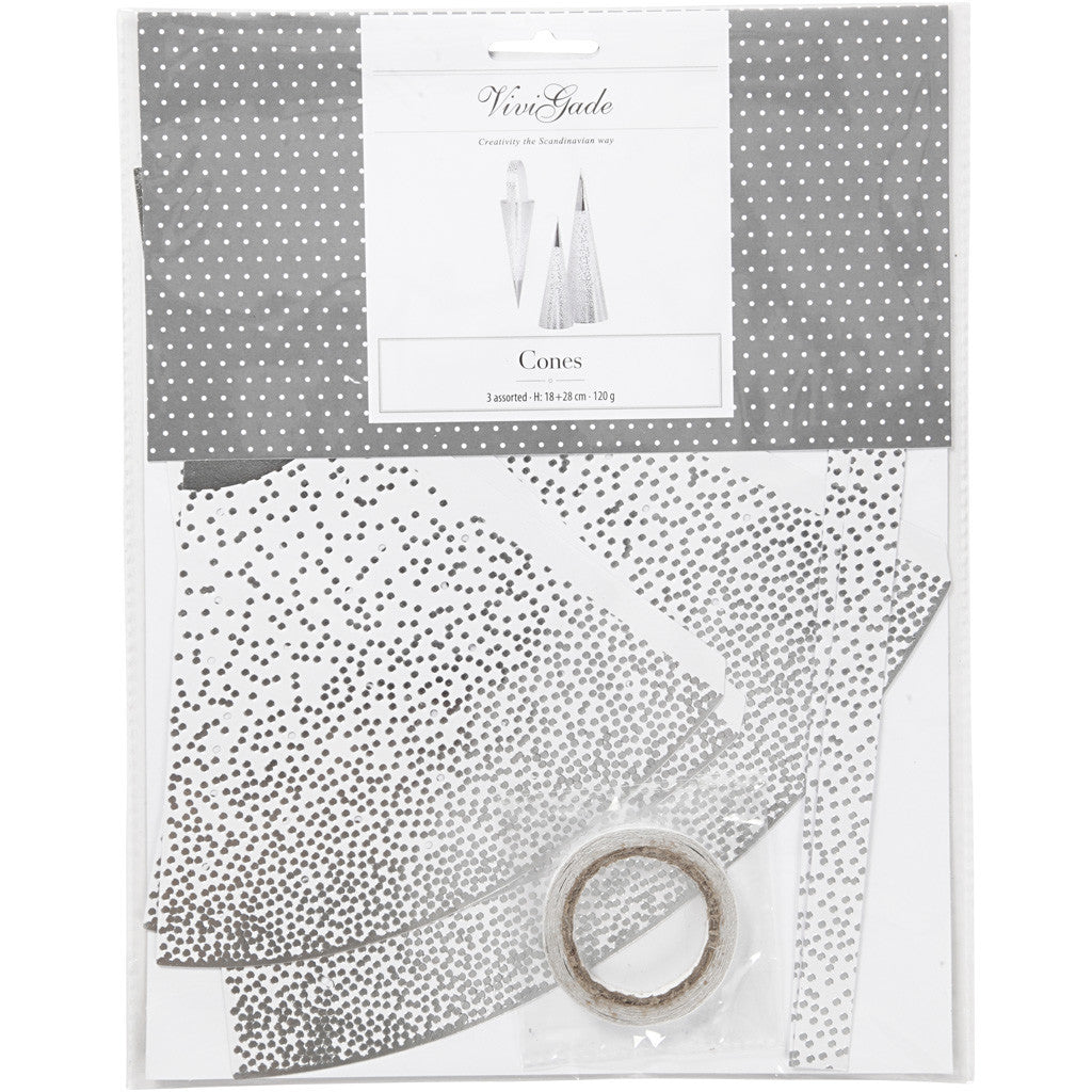 Cônes, H : 18+28 cm, 120 gr, argent, blanc, 3 pièces/ 1 Pq. [HOB-24365]