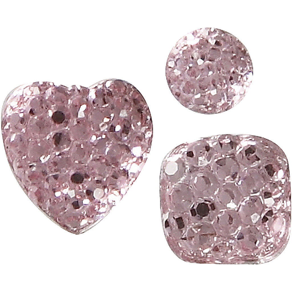 Pierres de strass, rond, carré, coeur, dim. 6+8+10 mm, rose, 35 pièces/ 1 Pq. [HOB-24374]