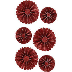 Rosettes en papier, d 35+50 mm, glitter rouge, 6 pièces/ 1 Pq. [HOB-24775]
