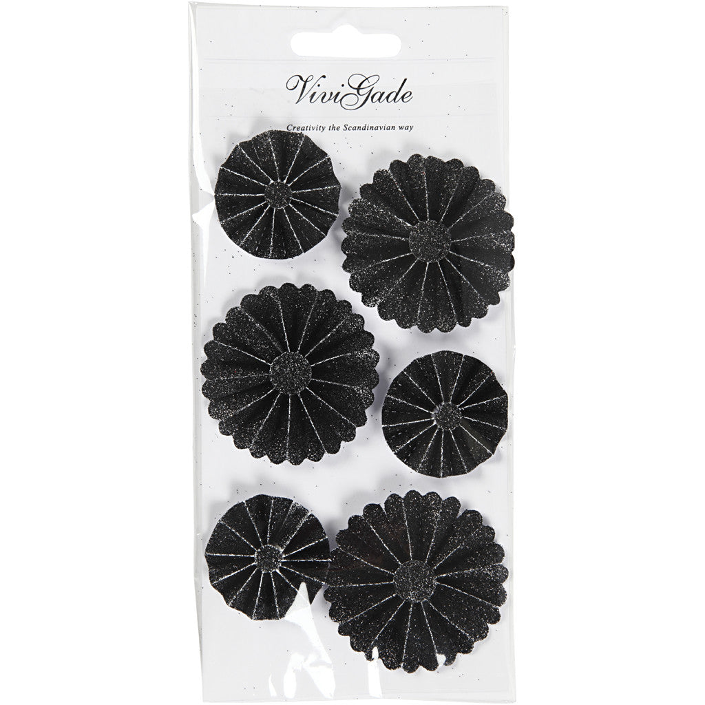 Rosettes en papier, d 35+50 mm, glitter noir, 6 pièces/ 1 Pq. [HOB-24787]