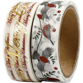 Ruban adhésif Washi Tape, Joyeux Noël et oiseaux - film, L : 15 mm, 2x4 m/ 1 Pq. [HOB-24797]