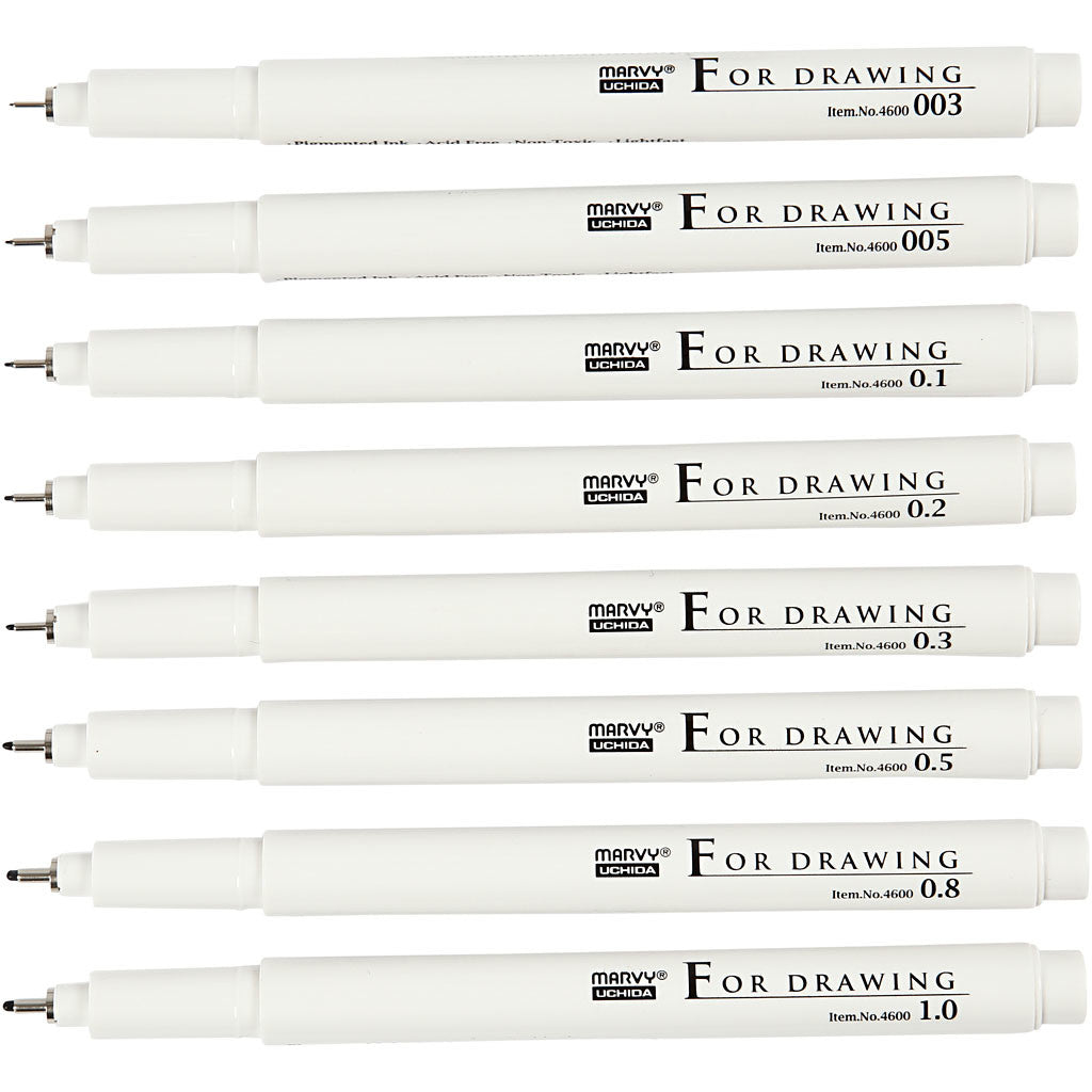 Feutres Fine Line, écrire/dessiner, trait 0,03+0,05+0,1+0,2+0,3+0,5+0,8+1,0 mm, noir, 8 pièces/ 1 Pq. [HOB-25011]