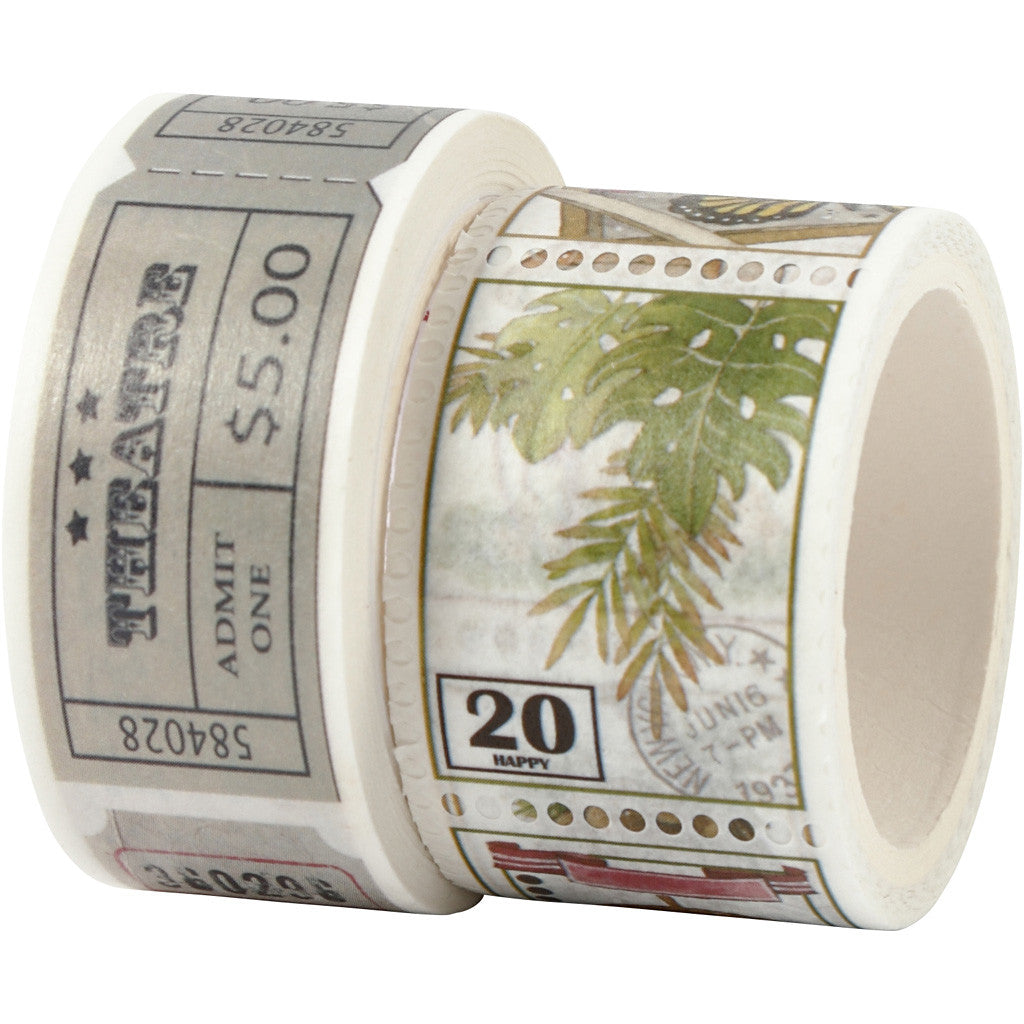 Ruban adhésif Washi Tape, Motif tikets et nature, L : 3+5 M, L : 20+25 mm, 2 rouleau/ 1 Pq. [HOB-25242]