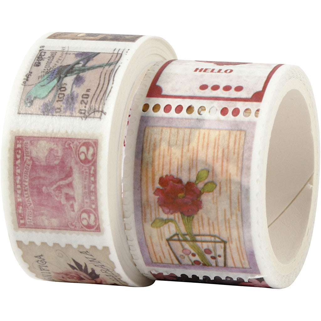 Ruban adhésif Washi Tape, Motif tampon et fleur, L : 3+5 M, L : 20+25 mm, 2 rouleau/ 1 Pq. [HOB-25244]