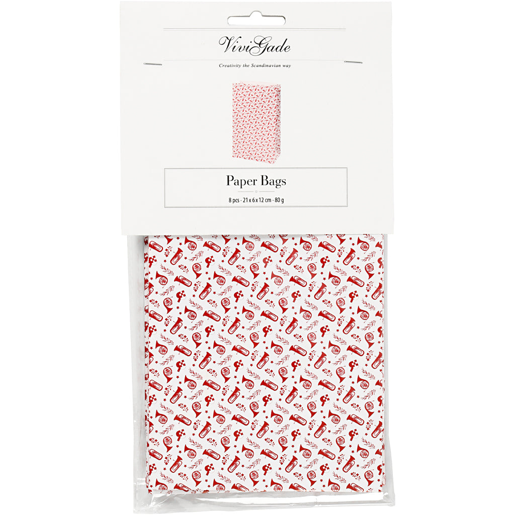 Sac en papier, trompette, H : 21 cm, dim. 6x12 cm, 80 gr, rouge, blanc, 8 pièces/ 1 Pq. [HOB-25352]