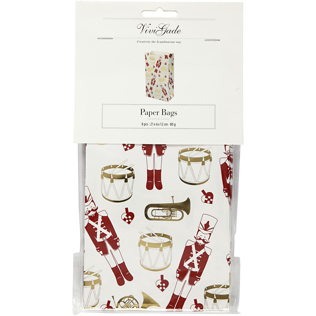 Sac en papier, casse-noisette, H : 21 cm, dim. 6x12 cm, or, rouge, blanc, 8 pièces/ 1 Pq. [HOB-26297]