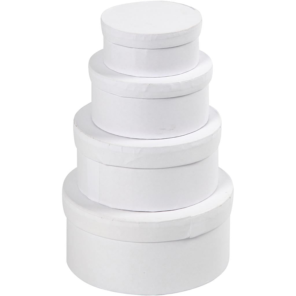 Boîtes Rondes, H : 4+5+6+7 cm, d 8+10+12+14 cm, blanc, 4 pièces/ 1 set [HOB-264010]