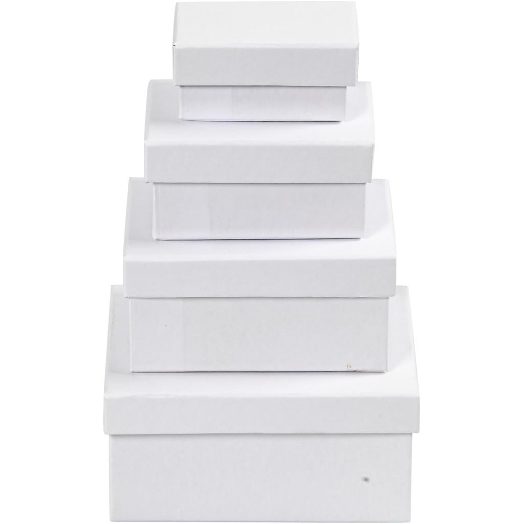 Boîtes Rectangulaires, H : 3,5+4,5+5,5+6,5 cm, dim. 7,5x5 + 9,5x7 + 11,5x8,5 + 14x11 cm, blanc, 4 pièces/ 1 set [HOB-264050]