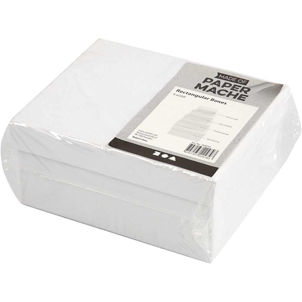 Boîtes Rectangulaires, H : 3,5+4,5+5,5+6,5 cm, dim. 7,5x5 + 9,5x7 + 11,5x8,5 + 14x11 cm, blanc, 4 pièces/ 1 set [HOB-264050]