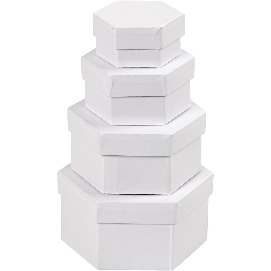 Boîtes Hexagonales, H : 4+5+6+7 cm, d 6,5+8+10+12 cm, blanc, 4 pièces/ 1 set [HOB-264070]