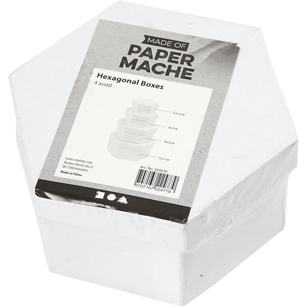 Boîtes Hexagonales, H : 4+5+6+7 cm, d 6,5+8+10+12 cm, blanc, 4 pièces/ 1 set [HOB-264070]