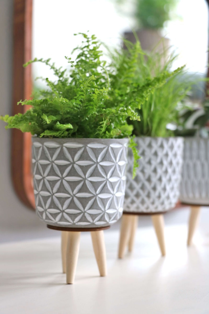 Pot à plantes en Cement avec pieds en bois 11cm de haut (6 pièces.) [IFS-33012]