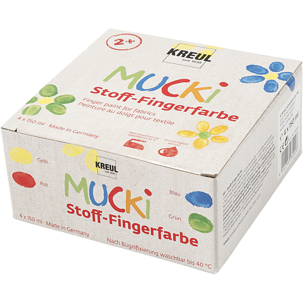 Muck Peinture au doigt, bleu, vert, rouge, jaune, 4x150 ml/ 1 Pq. [HOB-34770]