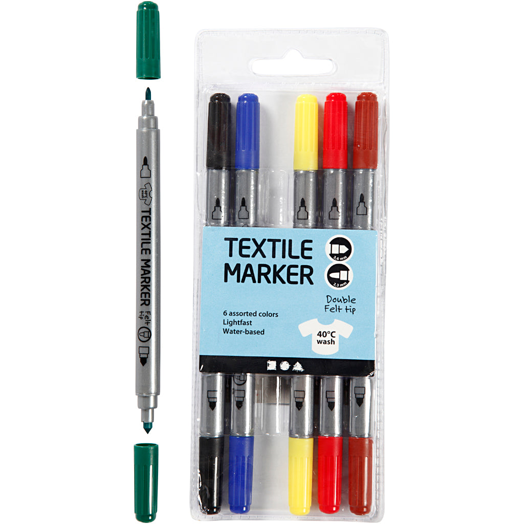 Textile markers, line 2,3+3,6 mm, standard colours, 6 pc