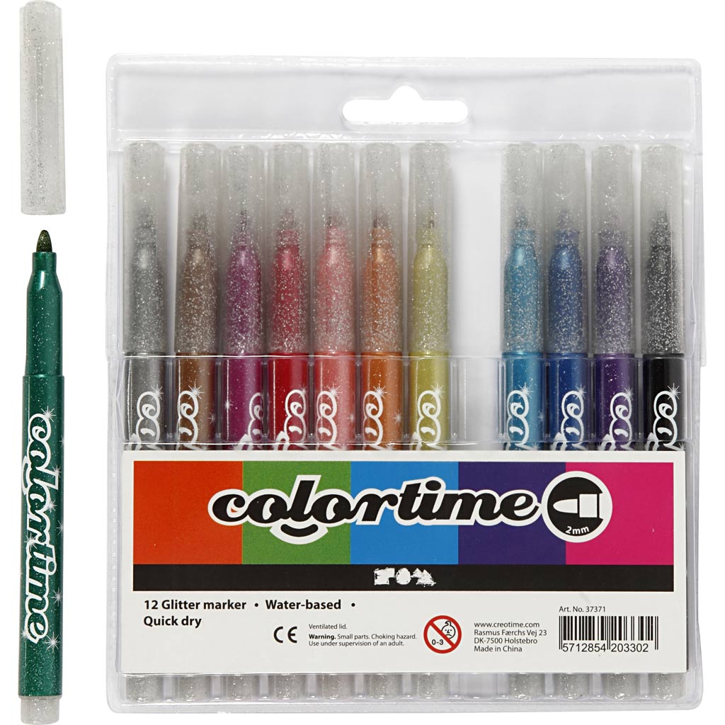 Feutres à paillettes Colortime, trait: 4,2 mm, Couleurs assorties, 12pièces [HOB37371]