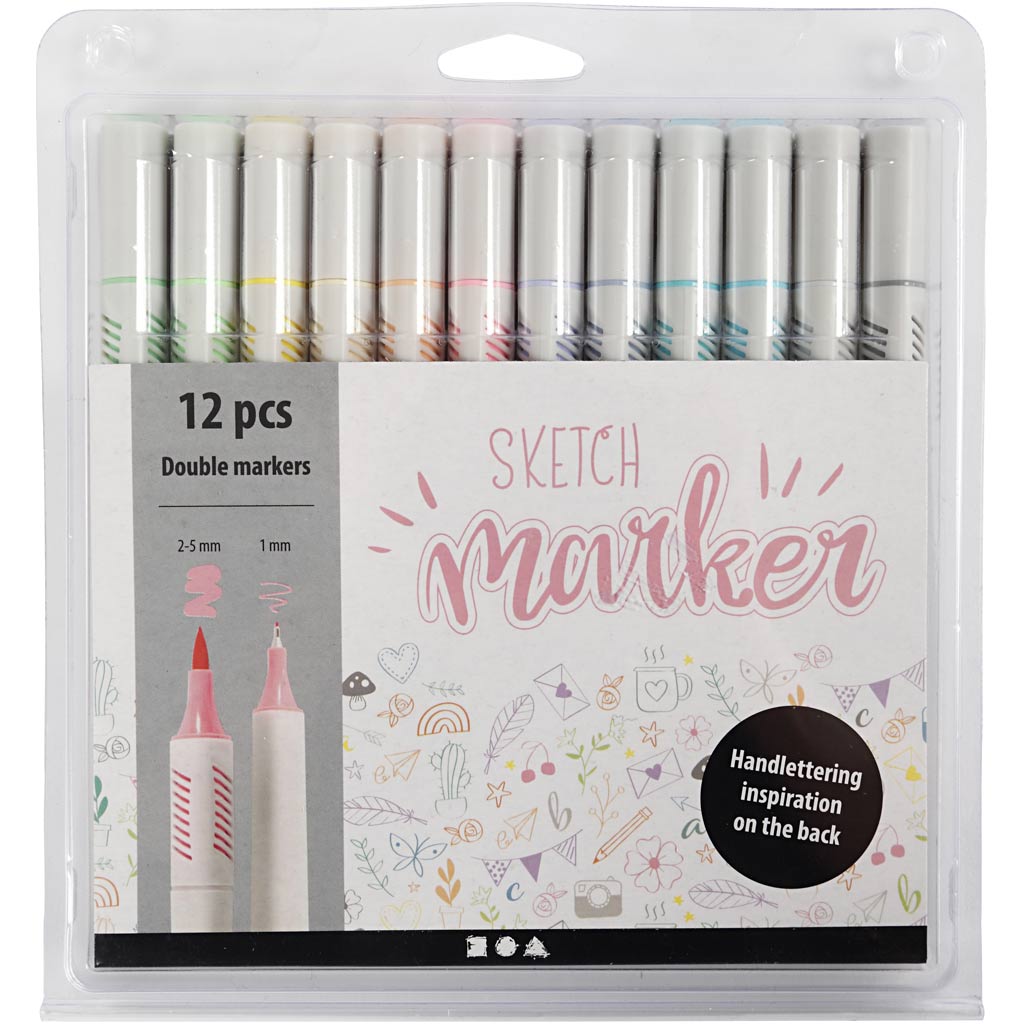 Feutres Sketch Marker, trait 1+2-5 mm, couleurs pastel, 12 pièces/ 1 Pq. [HOB-37380]
