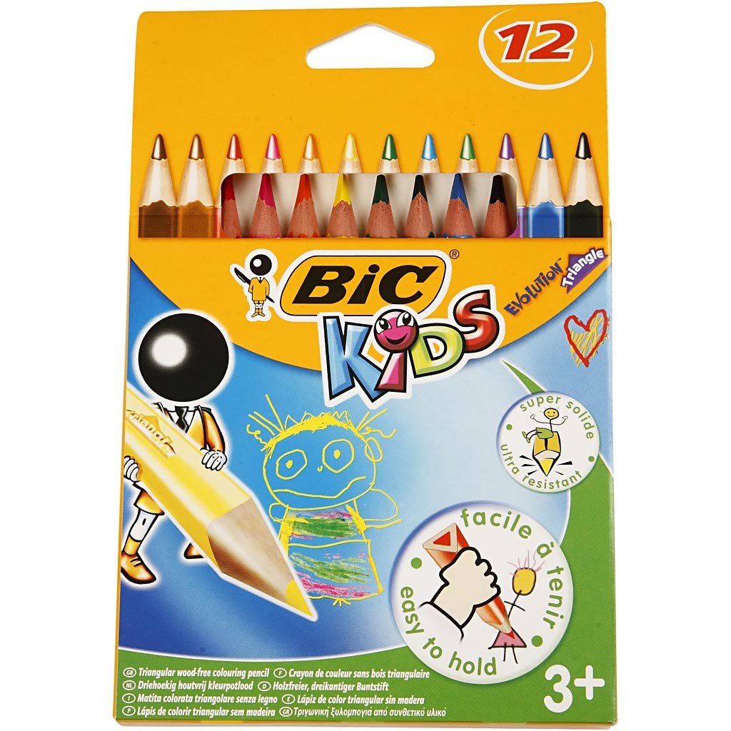 BIC Crayons de Couleur Triangulaires Evolution, L : 14 cm, mine 5 mm, ass. de couleurs, 12 pièces/ 1 Pq. [HOB-37597]