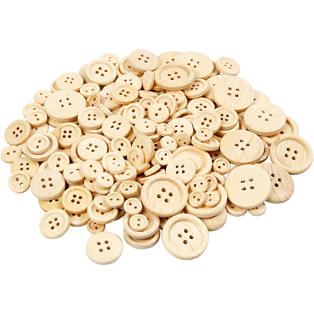 Wooden Buttons, dia. 8+11+15+18+23 mm, 440 pc