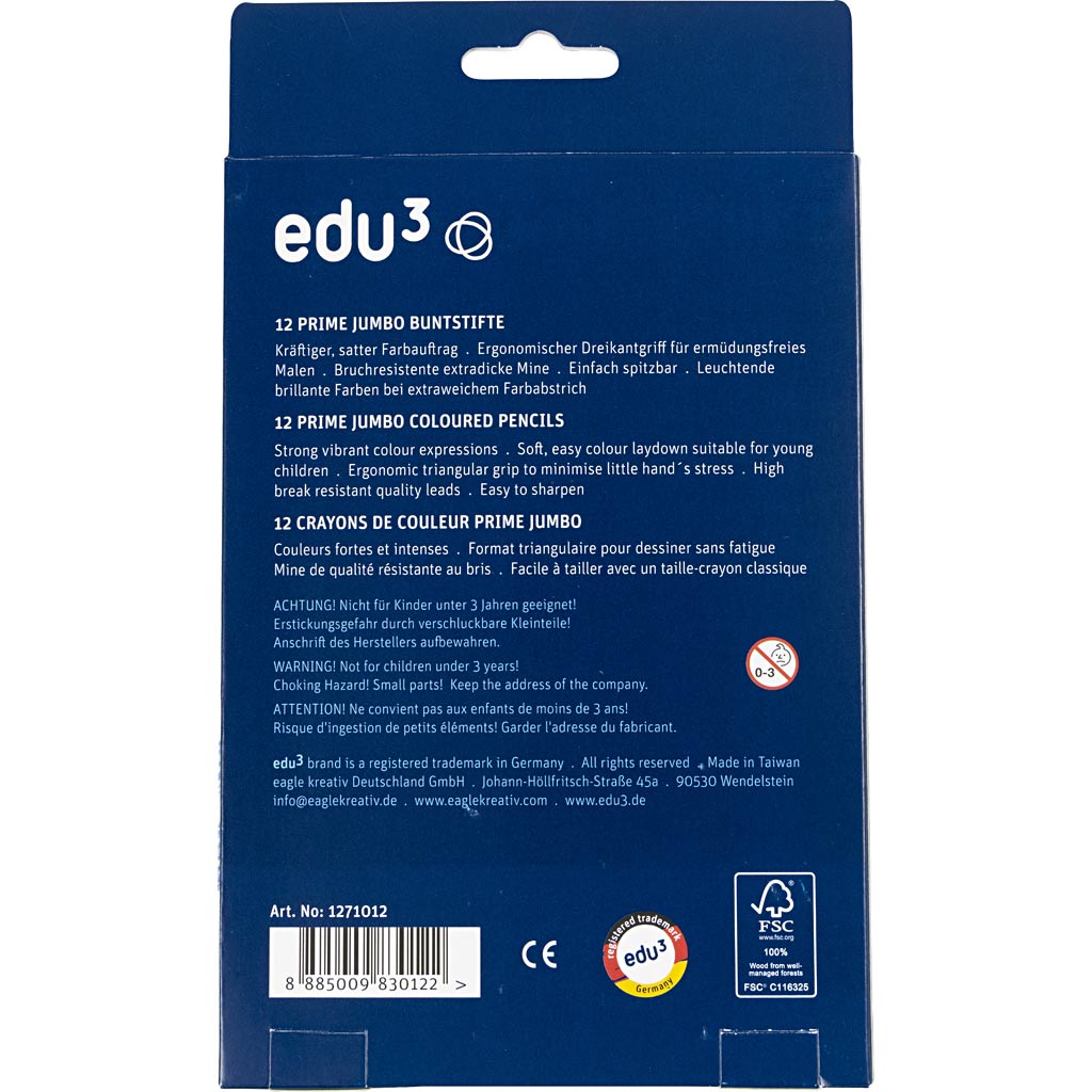 Crayons de Couleur Jumbo edu, ép. 10 mm, mine 6,25 mm, ass. de couleurs, 12 pièces/ 1 Pq. [HOB-409212]
