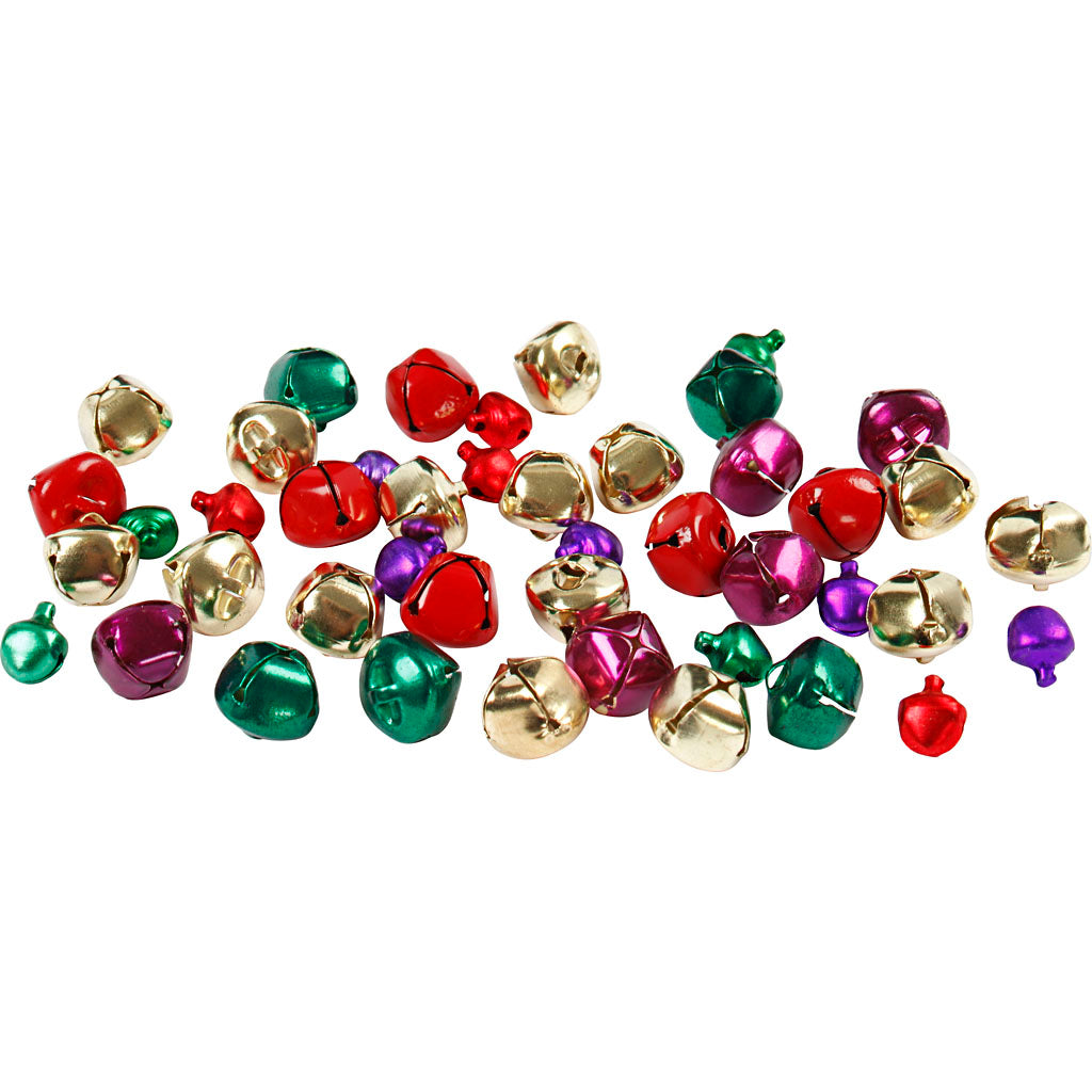 Bells, dia. 10+14 mm, metallic colours, 24 asstd.