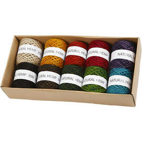 Ficelle de chanvre, ép. 1-2 mm, ass. de couleurs, 10x30 m/ 1 Pq. [HOB-50315]