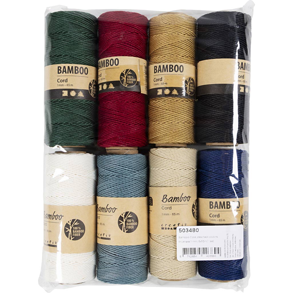 Fil de bambou, ép. 1 mm, ass. de couleurs, 8x65 m/ 1 set [HOB-503480]