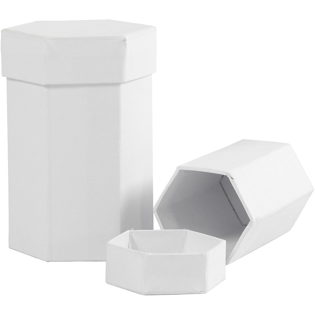 Boîtes hexagonales, H : 7+9 cm, dim. 4,5+6 cm, blanc, 2 pièces/ 1 set [HOB-504325]