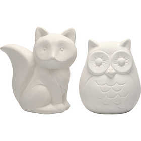 Tirelire, hibou et renard, H : 9 cm, blanc, 2 pièces/ 1 Pq. [HOB-50570]