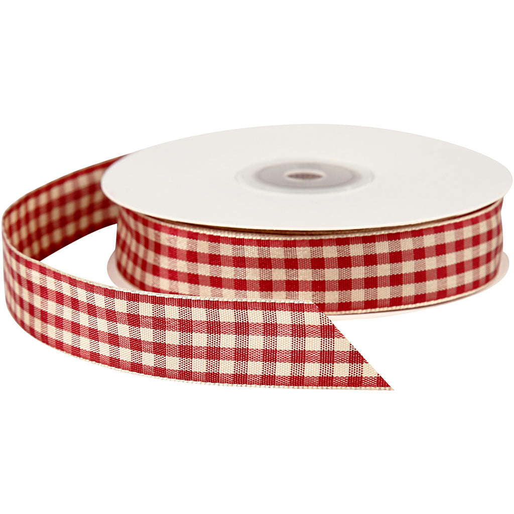 Checked Ribbon, W: 20 mm, antique red/white, 25 m/ 1 roll