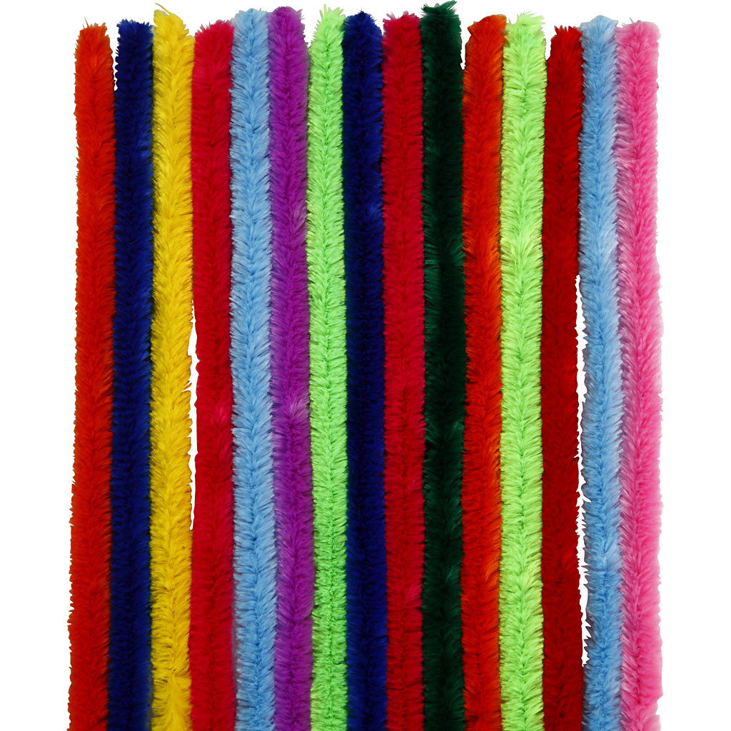 Fil chenille, L : 30 cm, ép. 15 mm, ass. de couleurs, 15 ass./ 1 Pq. [HOB-51638]