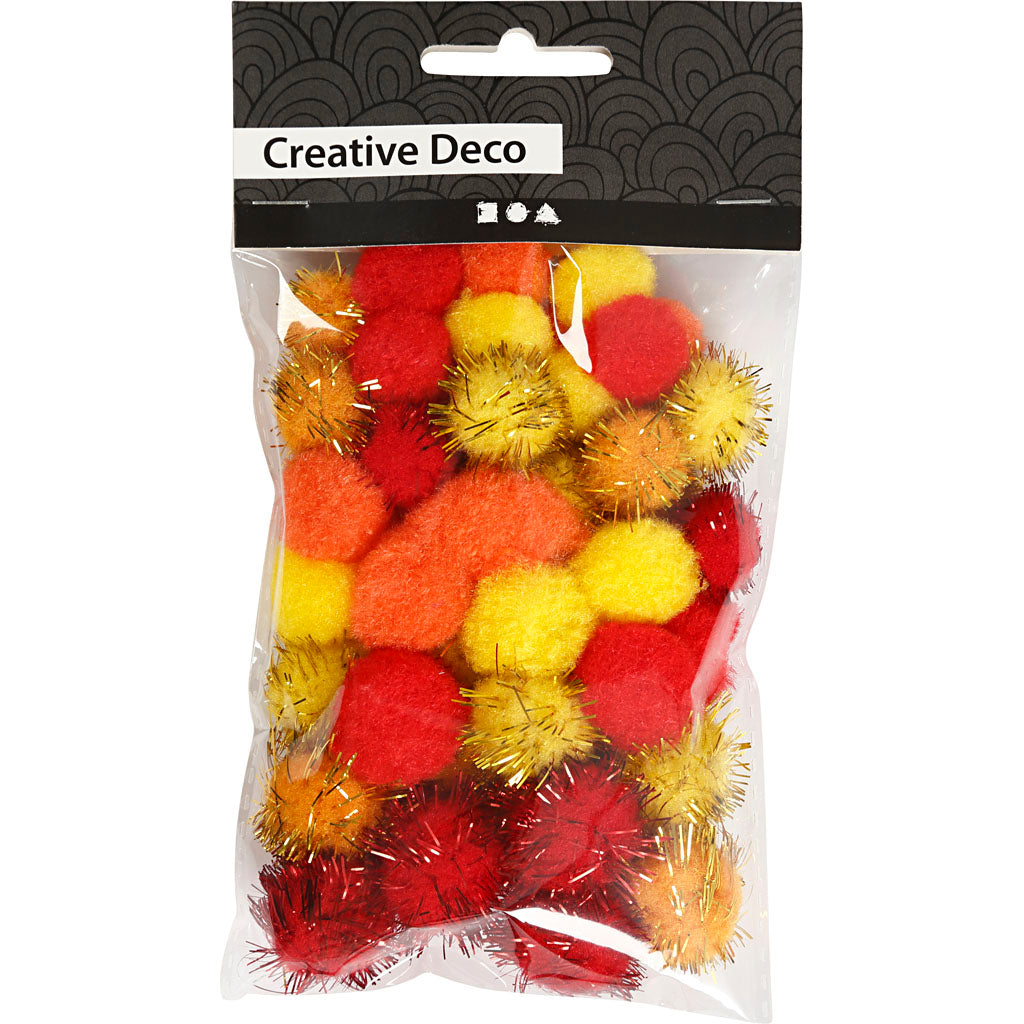 Pompons, d 15+20 mm, orange, rouge, jaune, 48 ass./ 1 Pq. [HOB-51882]